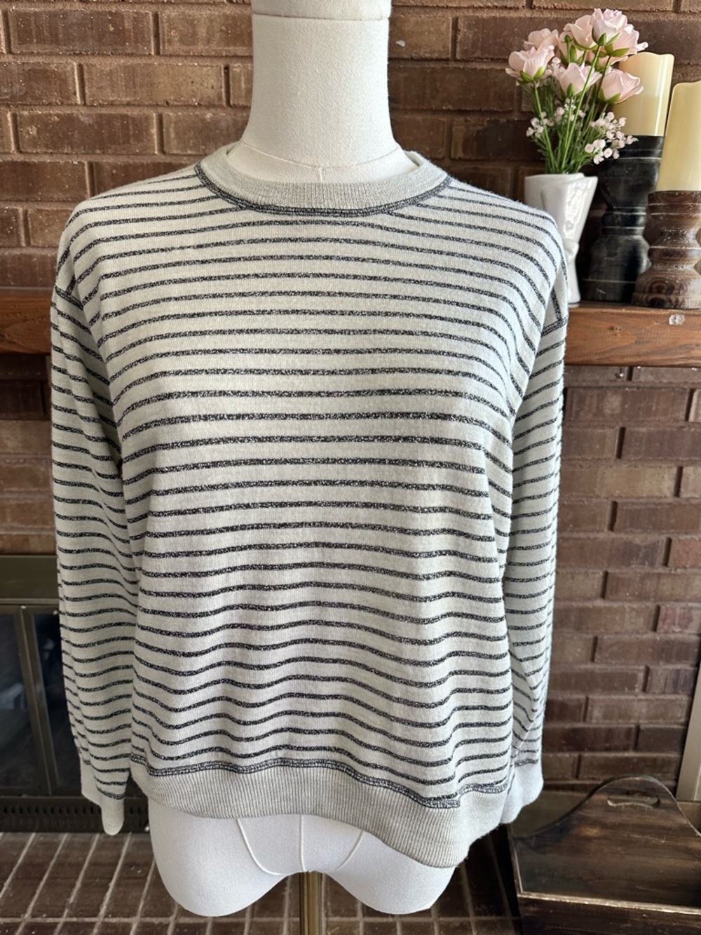 J.Crew Metallic Stripe Merino Wool Sweater Beige Silver Glitter Medium Crewneck